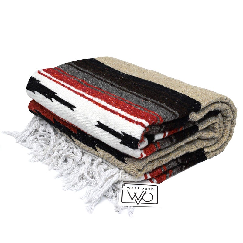 Open Road Goods Tan/Khaki Mexican Yoga Blanket - Thick Diamond Serape with Orange and Brown Stripes - Image 5